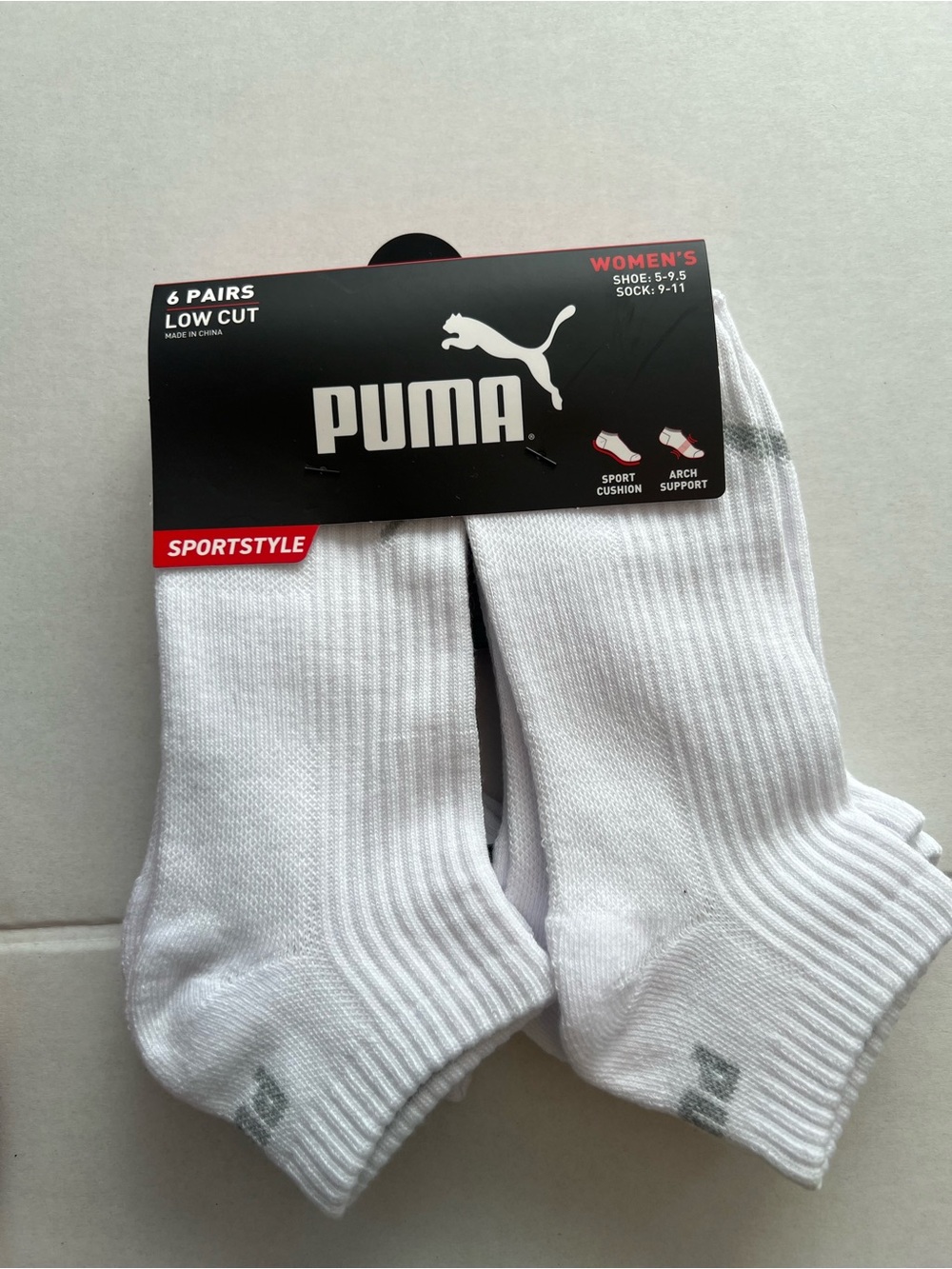 Puma Women's Low Cut Athletic Socks - White with Gray Logo (6 Pairs)